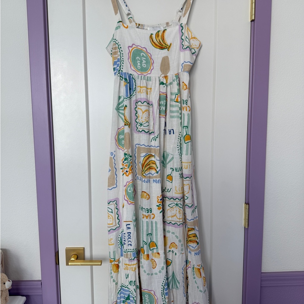 NWT Paper Heart Linen Summer Maxi Dress Fruits Dolce Vita